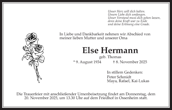 Traueranzeige von Else Hermann von Wetterauer Zeitung
