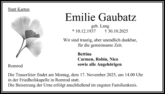 Traueranzeige von Emilie Gaubatz von Oberhessische Zeitung