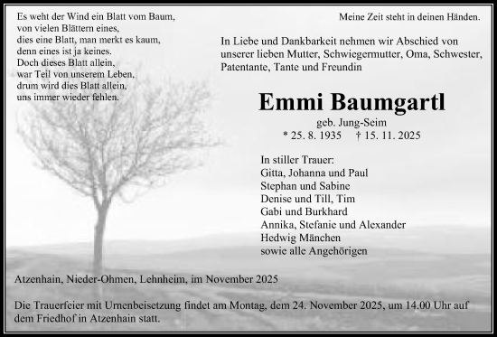 Traueranzeige von Emmi Baumgartl von Giessener Allgemeine, Alsfelder Allgemeine