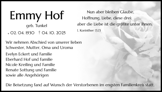 Traueranzeige von Emmy Hof von Pohlheimer Nachrichten