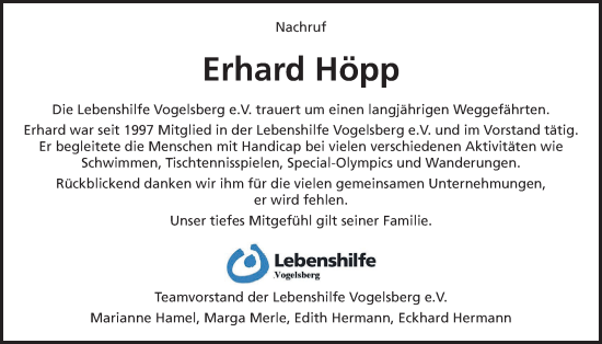 Traueranzeige von Erhard Höpp von Oberhessische Zeitung, 