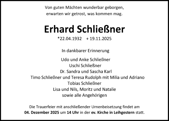 Traueranzeige von Erhard Schließner von Giessener Allgemeine, Alsfelder Allgemeine, Giessener Anzeiger