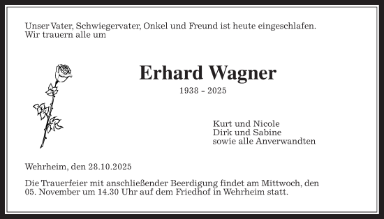 Traueranzeige von Erhard Wagner von Usinger Anzeiger