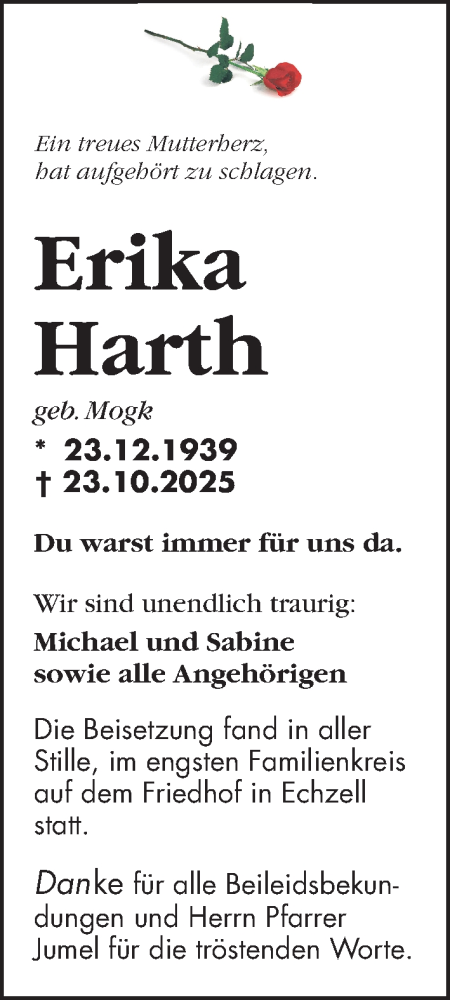 Traueranzeige von Erika Harth von Wetterauer Zeitung