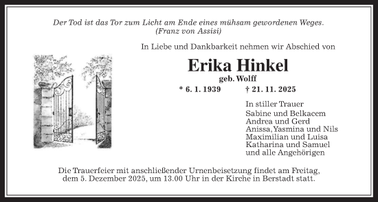 Traueranzeige von Erika Hinkel von Wetterauer Zeitung