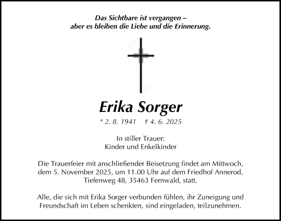 Traueranzeige von Erika Sorger von Giessener Anzeiger
