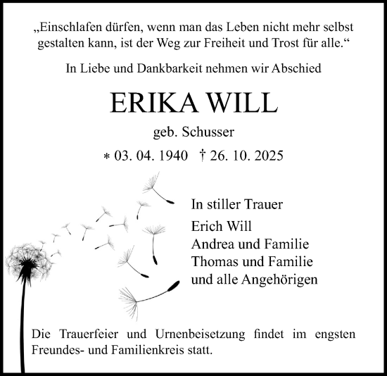 Traueranzeige von Erika Will von Licher Wochenblatt