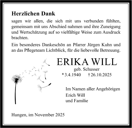 Traueranzeige von Erika Will von Licher Wochenblatt