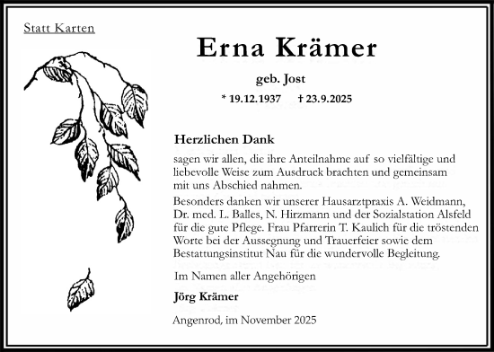 Traueranzeige von Erna Krämer von Oberhessische Zeitung