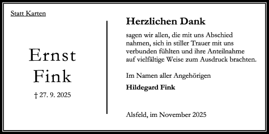 Traueranzeige von Ernst Fink von Oberhessische Zeitung
