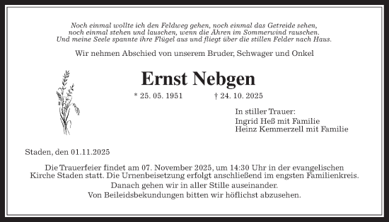 Traueranzeige von Ernst Nebgen von Wetterauer Zeitung