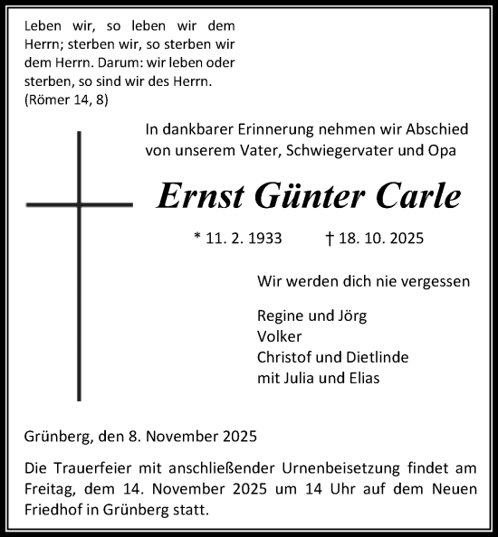 Traueranzeige von Ernst Günter Carle von Giessener Anzeiger, Giessener Allgemeine, Alsfelder Allgemeine