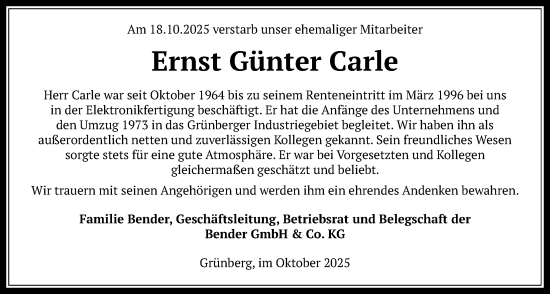 Traueranzeige von Ernst Günter Carle von Giessener Anzeiger, Giessener Allgemeine, Alsfelder Allgemeine, Heimatzeitung Grünberg + Laubach