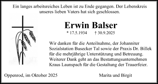 Traueranzeige von Erwin Balser von Giessener Anzeiger, Giessener Allgemeine, Alsfelder Allgemeine