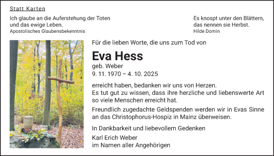 Traueranzeige von Eva Hess von Oberhessische Zeitung