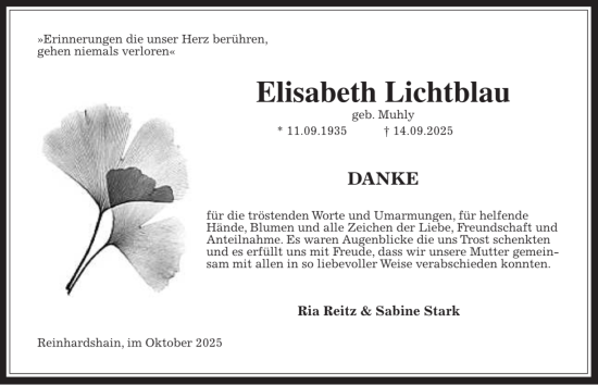 Traueranzeige von Elisabeth Lichtblau von Giessener Anzeiger, Giessener Allgemeine, Alsfelder Allgemeine