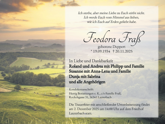 Traueranzeige von Feodora Fraß von Lauterbacher Anzeiger