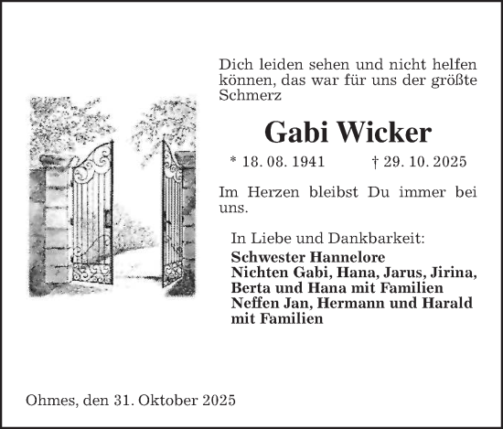 Traueranzeige von Gabi Wicker von Oberhessische Zeitung