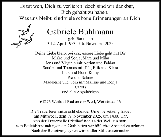 Traueranzeige von Gabriele Buhlmann von Usinger Anzeiger