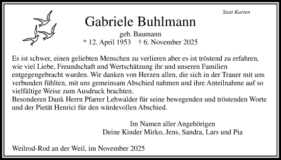 Traueranzeige von Gabriele Buhlmann von Usinger Anzeigenblatt