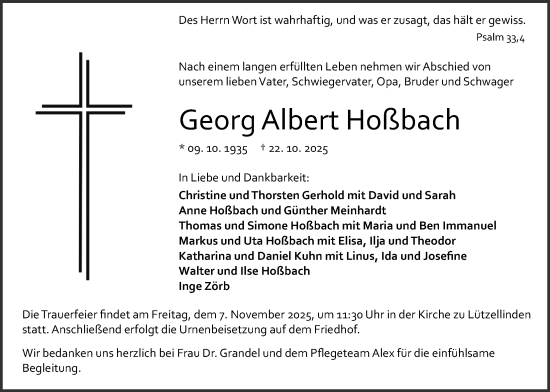 Traueranzeige von Georg Albert Hoßbach von Giessener Allgemeine, Alsfelder Allgemeine