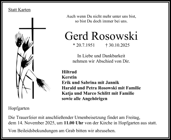 Traueranzeige von Gerd Rosowski von Oberhessische Zeitung