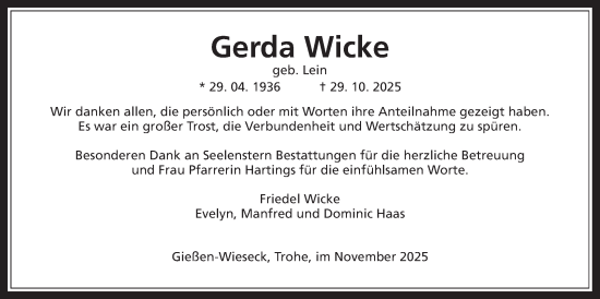 Traueranzeige von Gerda Wicke von Giessener Allgemeine, Alsfelder Allgemeine, Giessener Anzeiger