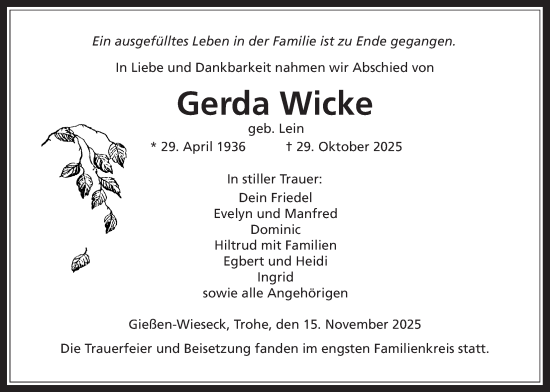 Traueranzeige von Gerda Wicke von Giessener Anzeiger, Giessener Allgemeine, Alsfelder Allgemeine