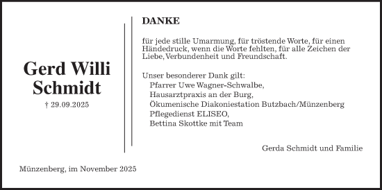 Traueranzeige von Gerd Willi Schmidt von Butzbacher Zeitung