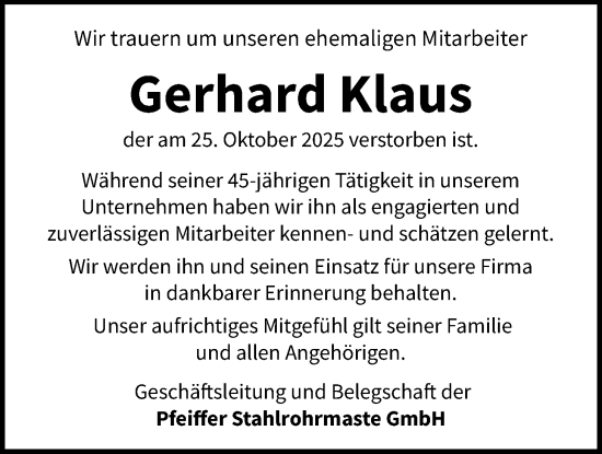 Traueranzeige von Gerhard Klaus von Kreis-Anzeiger