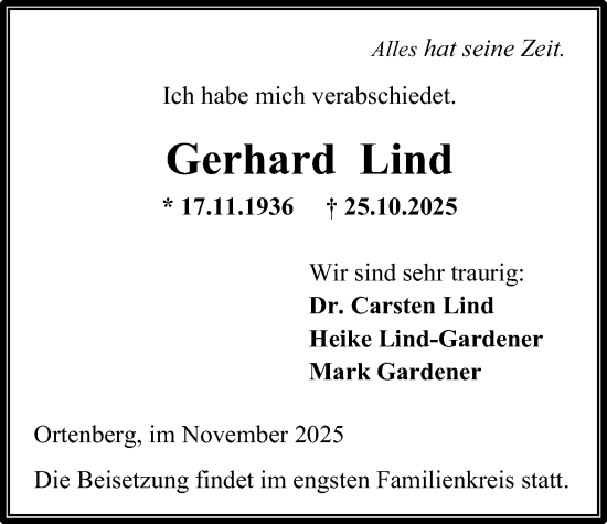 Traueranzeige von Gerhard Lind von Kreis-Anzeiger
