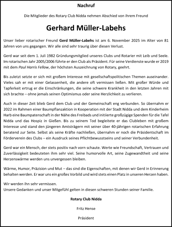 Traueranzeige von Gerhard Müller-Labehs von Kreis-Anzeiger