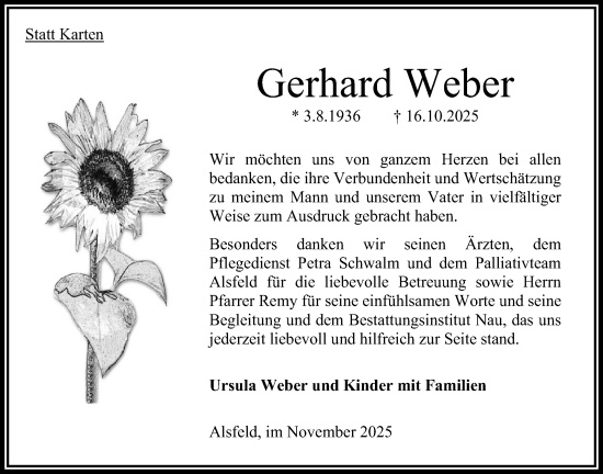 Traueranzeige von Gerhard Weber von Oberhessische Zeitung