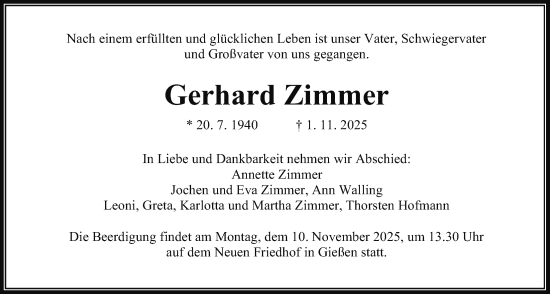 Traueranzeige von Gerhard Zimmer von Giessener Anzeiger, Giessener Allgemeine, Alsfelder Allgemeine