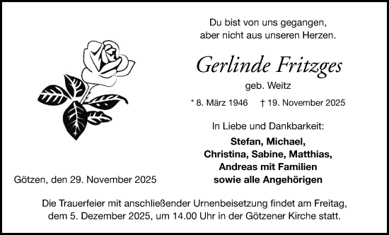 Traueranzeige von Gerlinde Fritzges von Kreis-Anzeiger