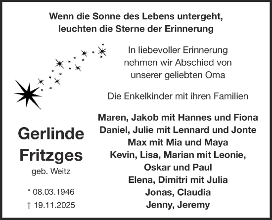 Traueranzeige von Gerlinde Fritzges von Kreis-Anzeiger