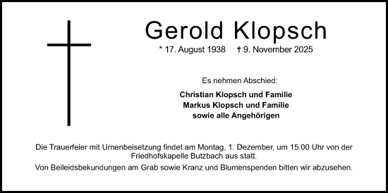 Traueranzeige von Gerold Klopsch von Butzbacher Zeitung