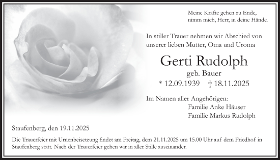 Traueranzeige von Gerti Rudolph von Giessener Anzeiger, Giessener Allgemeine, Alsfelder Allgemeine