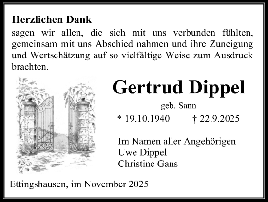 Traueranzeige von Gertrud Dippel von Licher Wochenblatt, Licher Wochenblatt