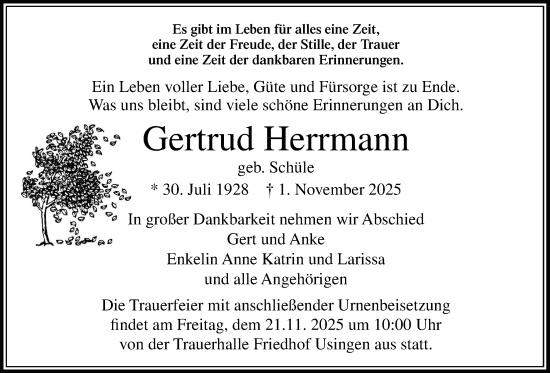 Traueranzeige von Gertrud Herrmann von Usinger Anzeigenblatt