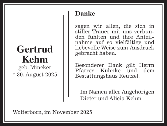 Traueranzeige von Gertrud Kehm von Kreis-Anzeiger