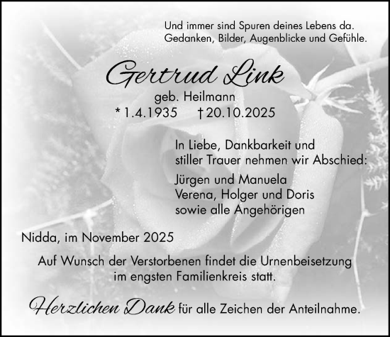 Traueranzeige von Gertrud Link von Kreis-Anzeiger