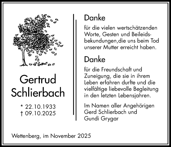 Traueranzeige von Gertrud Schlierbach von Giessener Anzeiger