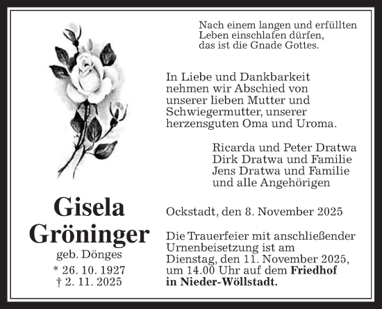 Traueranzeige von Gisela Gröninger von Wetterauer Zeitung