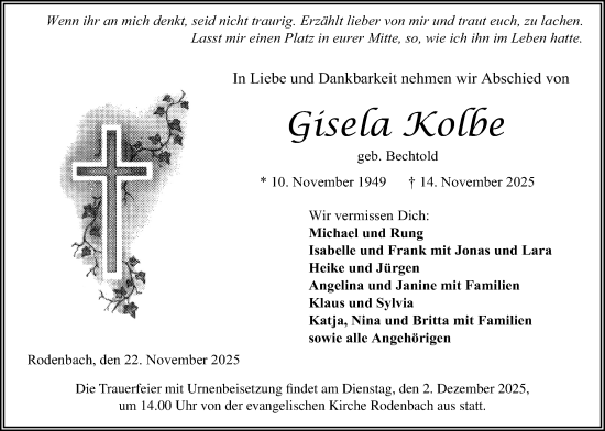 Traueranzeige von Gisela Kolbe von Kreis-Anzeiger