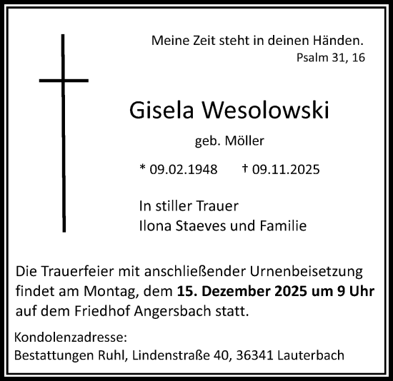 Traueranzeige von Gisela Wesolowski von Lauterbacher Anzeiger