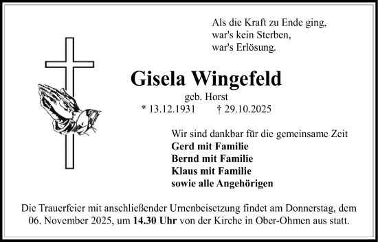 Traueranzeige von Gisela Wingefeld von Giessener Allgemeine, Alsfelder Allgemeine