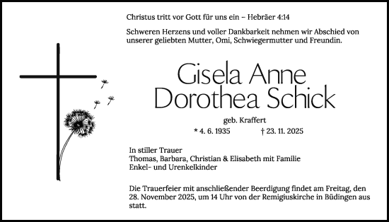 Traueranzeige von Gisela Anne Dorothea Schick von Kreis-Anzeiger, Butzbacher Zeitung