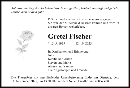 Traueranzeige von Gretel Fischer von Giessener Anzeiger, Giessener Allgemeine, Alsfelder Allgemeine