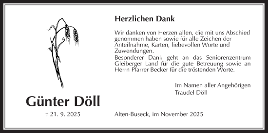 Traueranzeige von Günter Döll von Giessener Anzeiger, Giessener Allgemeine, Alsfelder Allgemeine
